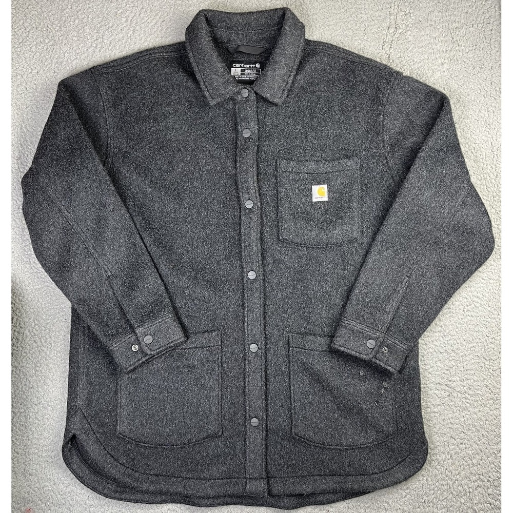 Carhartt Jacket Shacket Women L Gray Loose Fit Fleece Button Up TW5988-W